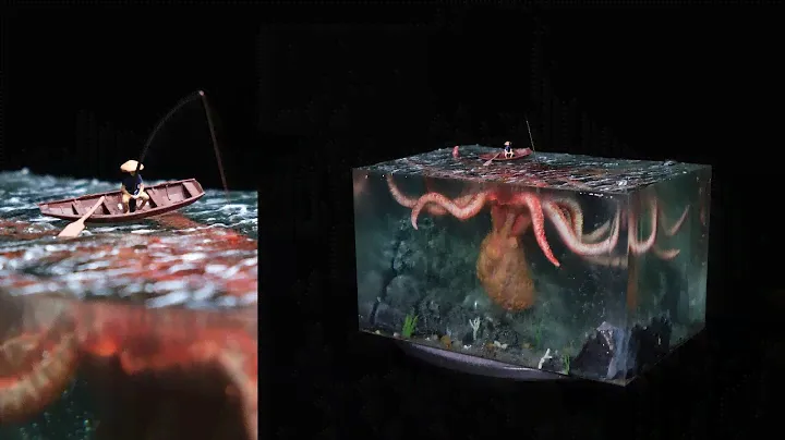 Giant Octopus Attacks Fisherman /diorama / epoxy / polymer clay