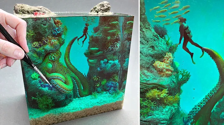 GIANT OCTOPUS Stalks Diver! Diorama, Resin Art, Polymer Clay